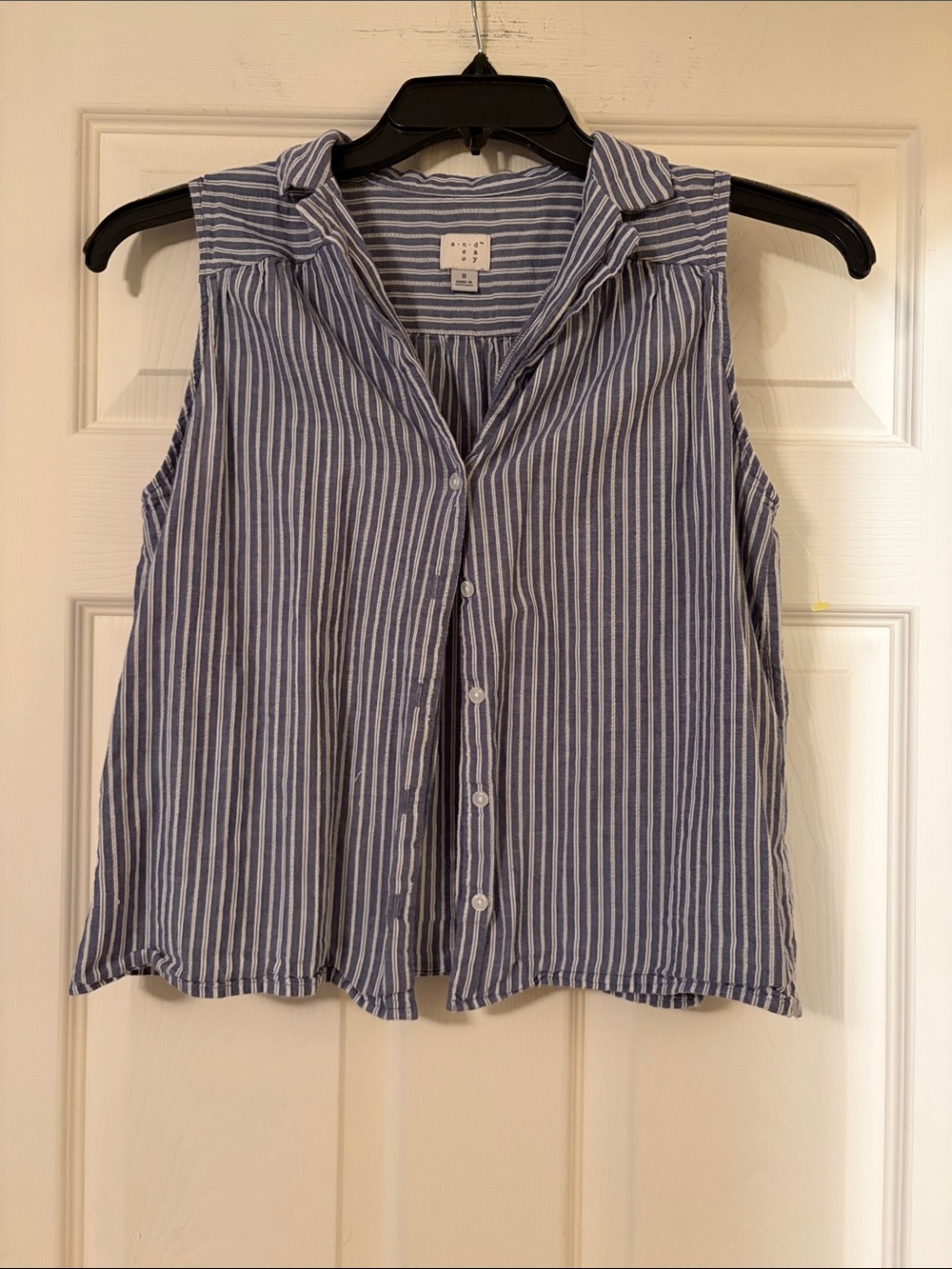 Sleeveless Blue Stripe Button-Front Top